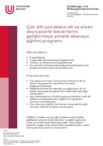 Çift dilli çocukların dil ve erken okuryazarlık becerilerini geliştirmeye yönelik ebeveyn eğitim programı Şubat 2024-Haziran 2024 Çevrimiçi (Online) Haftalık Ebeveyn Oturumlar