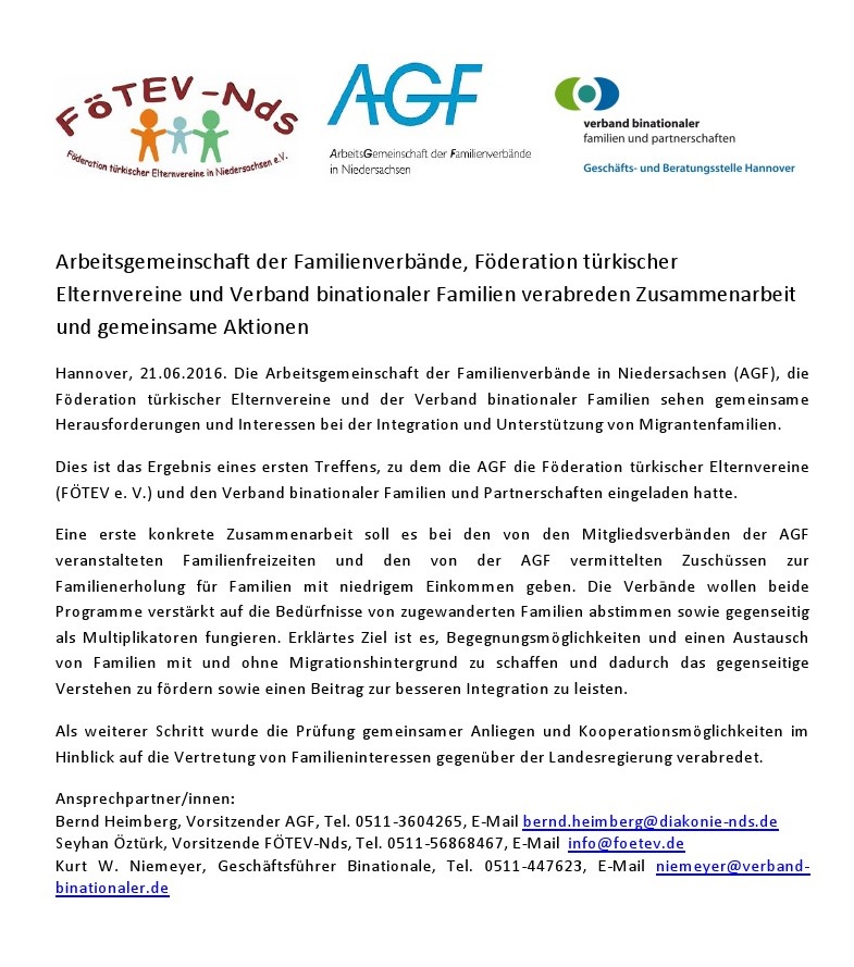 Pressemitteilung, AGF, FÖTEV und Binationale kooperieren