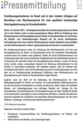 Familienorganisationen im Bund und in den Ländern drängen aufBeschluss zum Rechtsanspruch für eine qualitativ hochwertigeGanztagsbetreuung im Grundschulalter