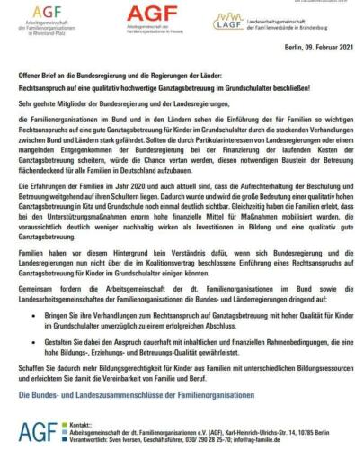 Offener Brief an die Bundesregierung und die Regierungen der Länder:Rechtsanspruch auf eine qualitativ hochwertige Ganztagsbetreuung im Grundschulalter beschließen!